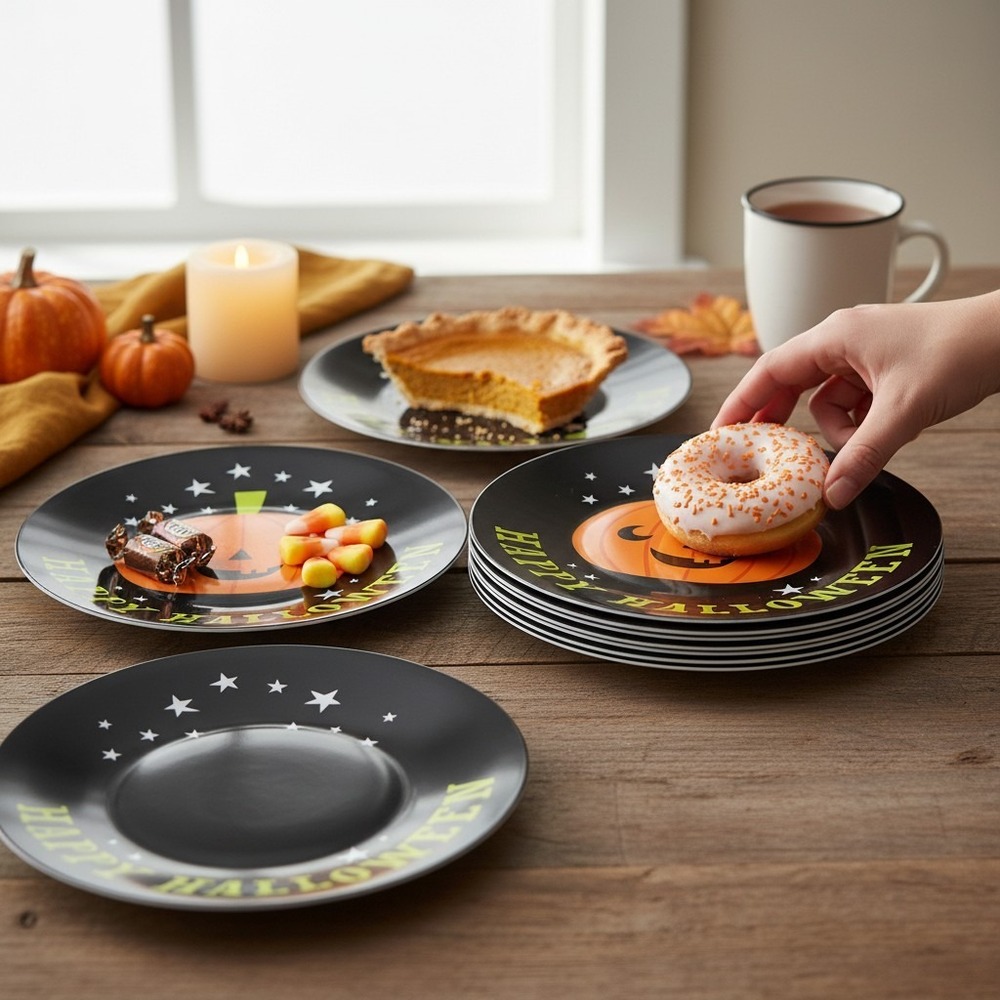 Made For Retail Pumpkin Plates Set of 4 8in Black New Halloween Jack-O-Lantern